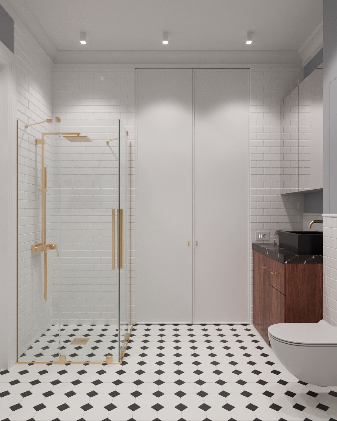 Apartment 2 · Walk-in shower with brushed brass fittings