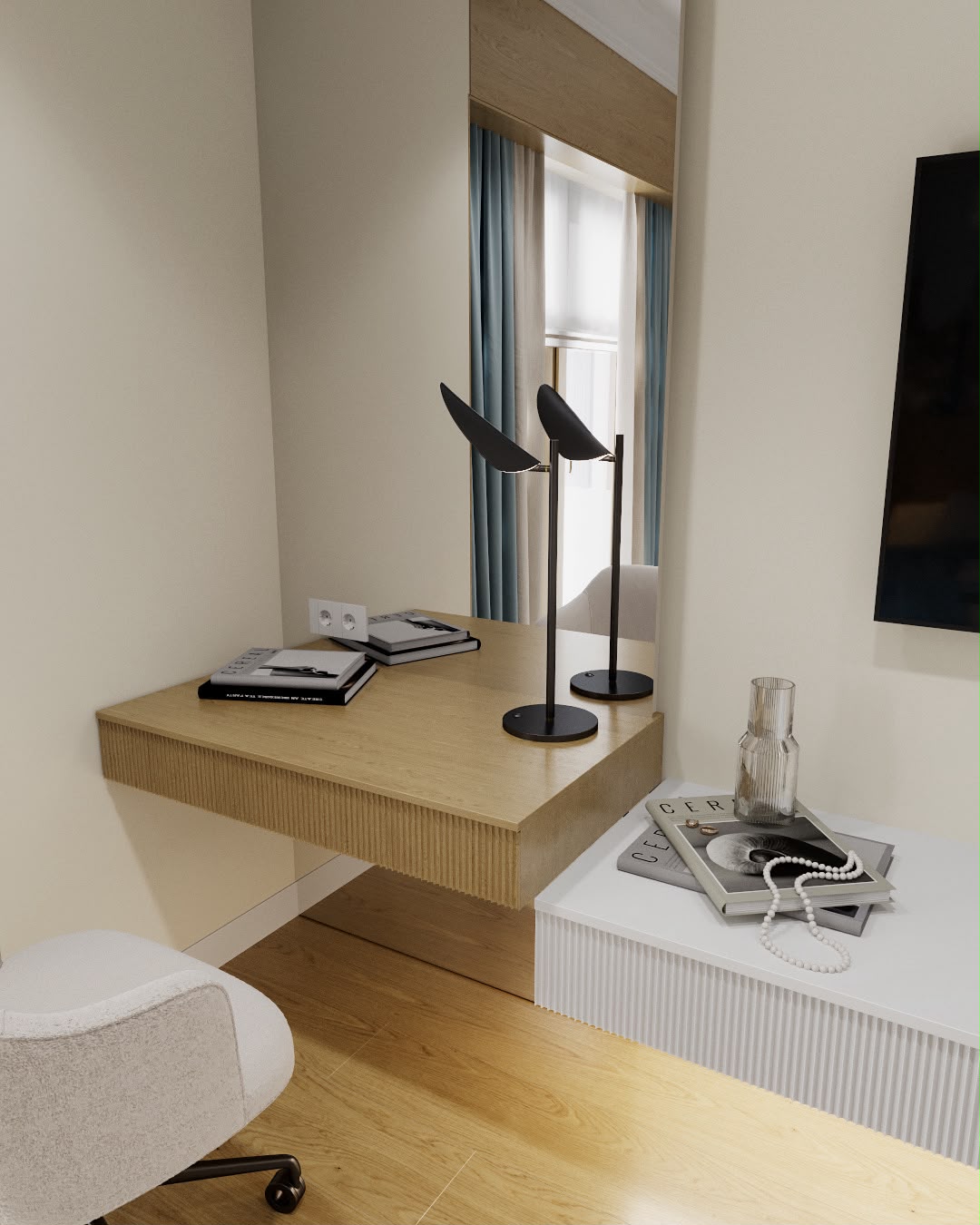 Apartment 2 · Oak writing shelf folded into the bedroom wall
