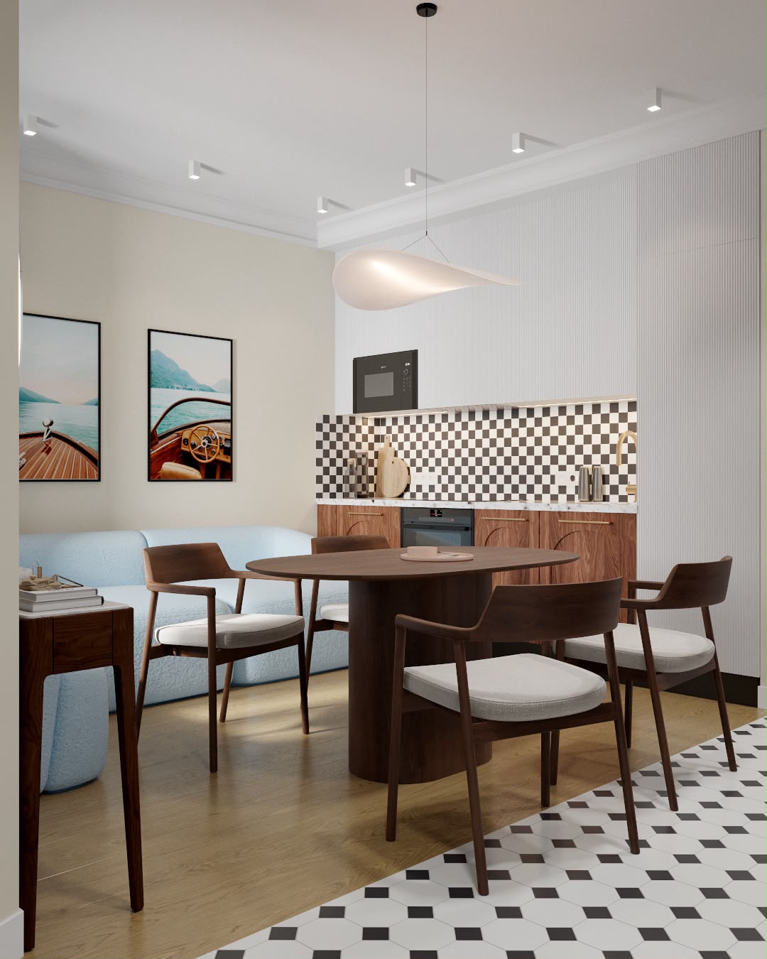 Apartment 2 · Round walnut table and a pale blue banquette