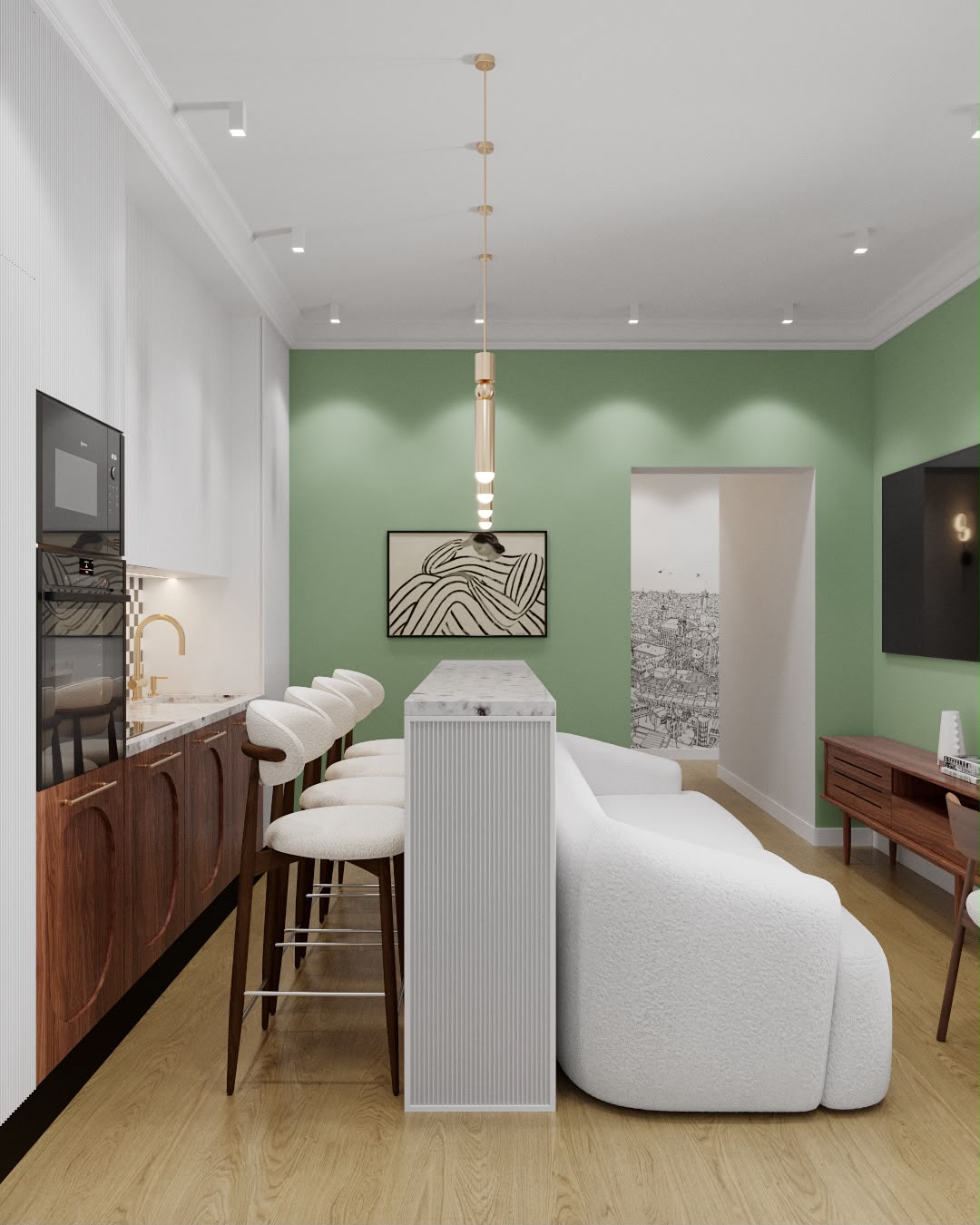 Apartment 3 · Living room and kitchen against a sage green wall