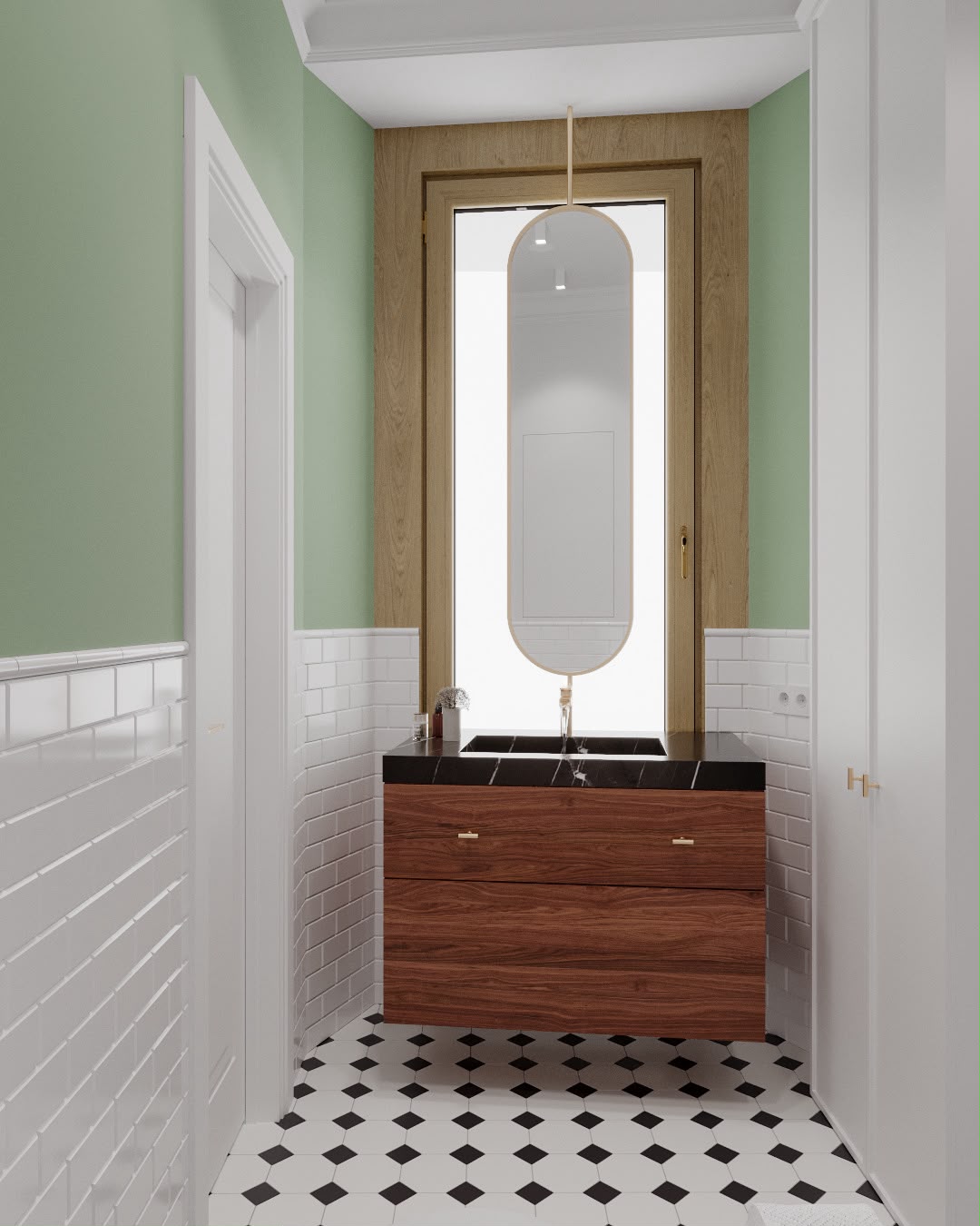 Apartment 3 · Cloakroom with walnut vanity and black stone top