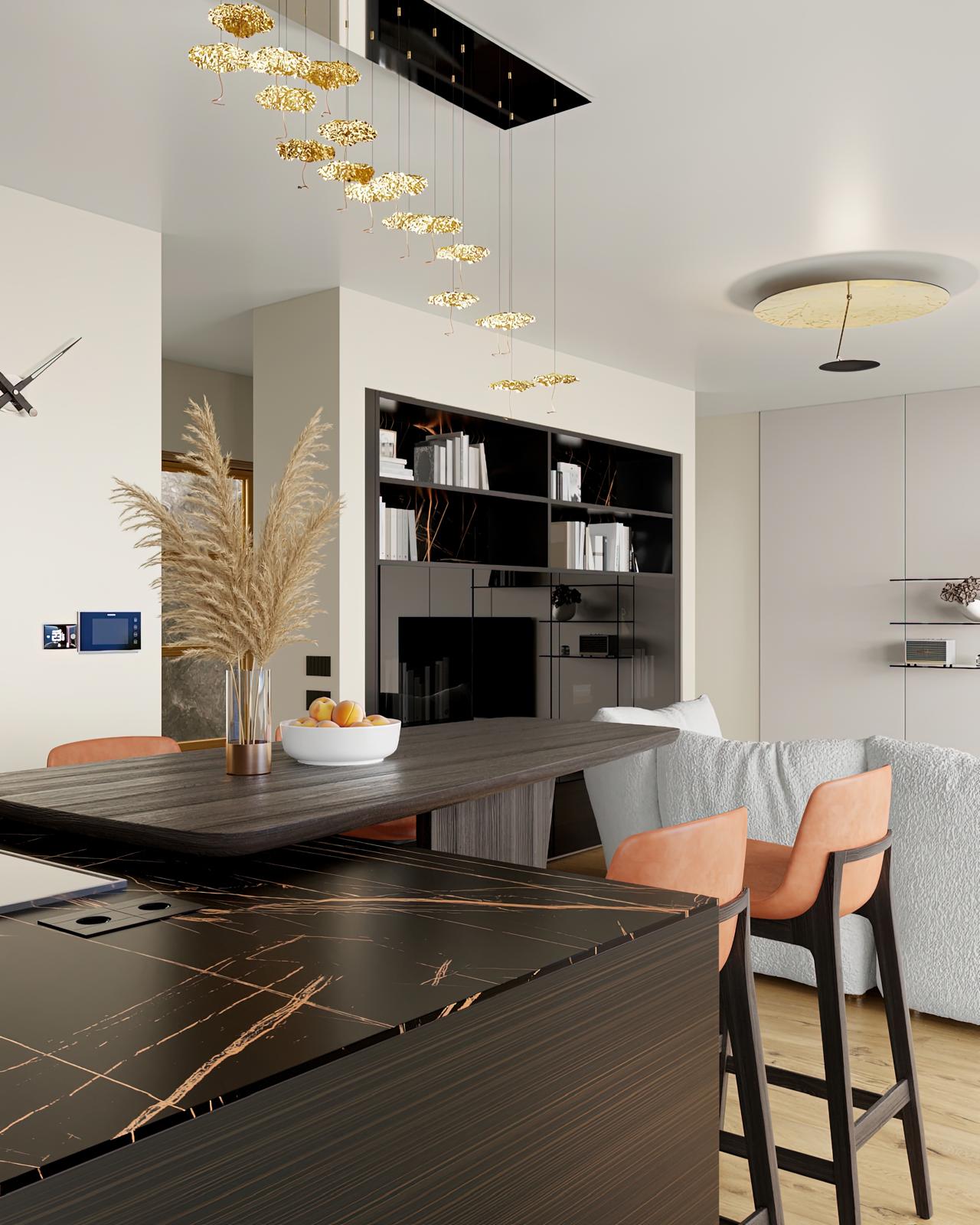 Dining table under a cluster of gilded pendants