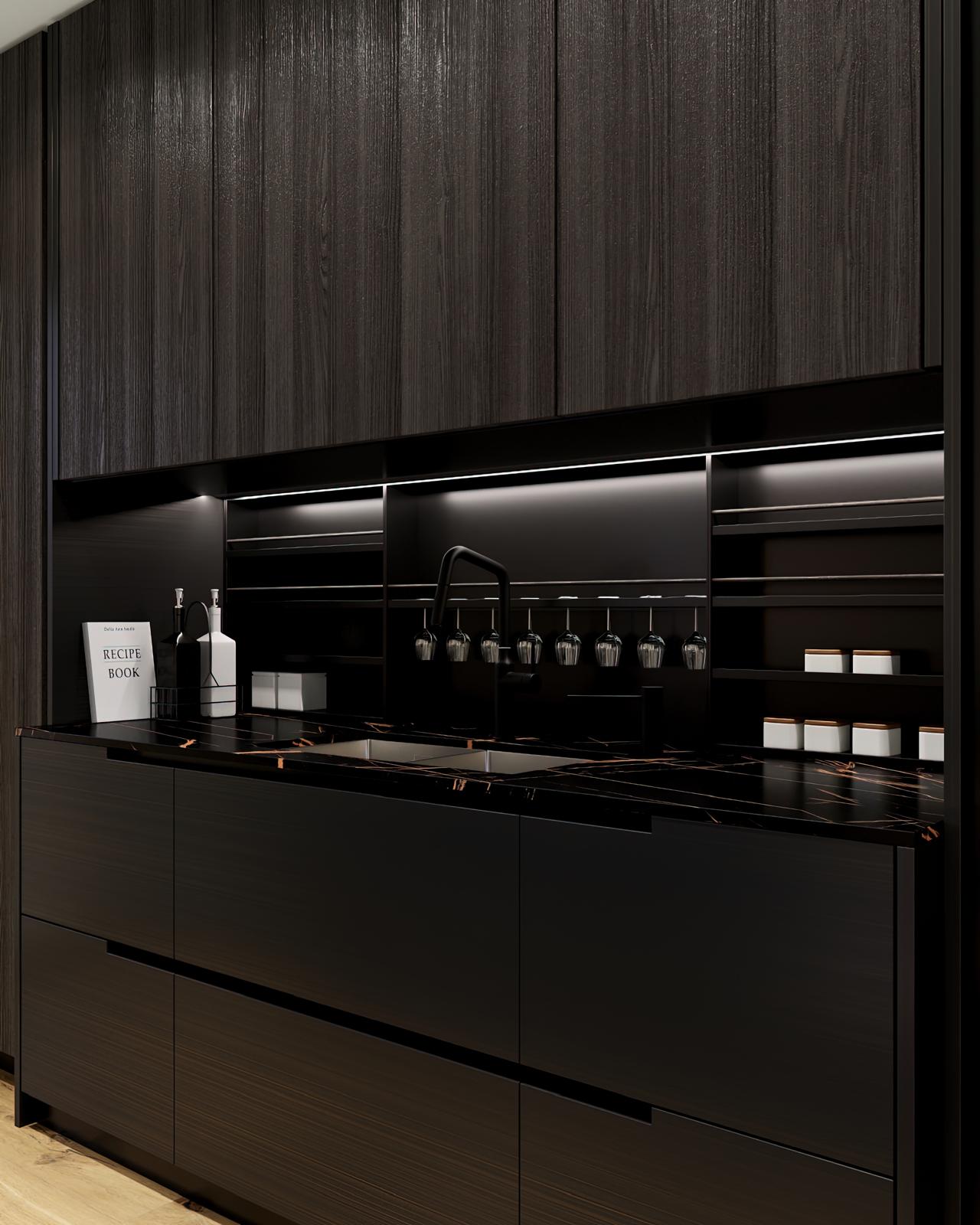 Working wall: sink, tap and glassware on lit open shelves