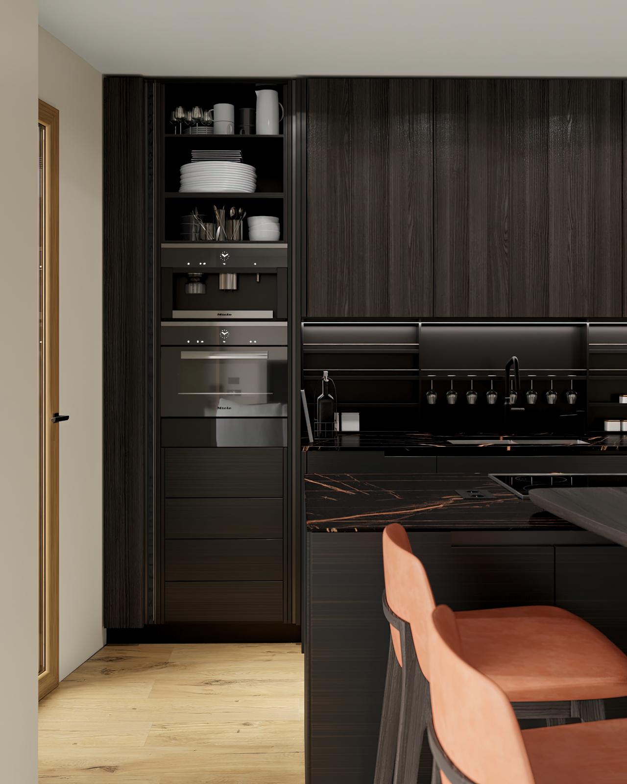 Tall units in dark oak, with ovens and coffee machine