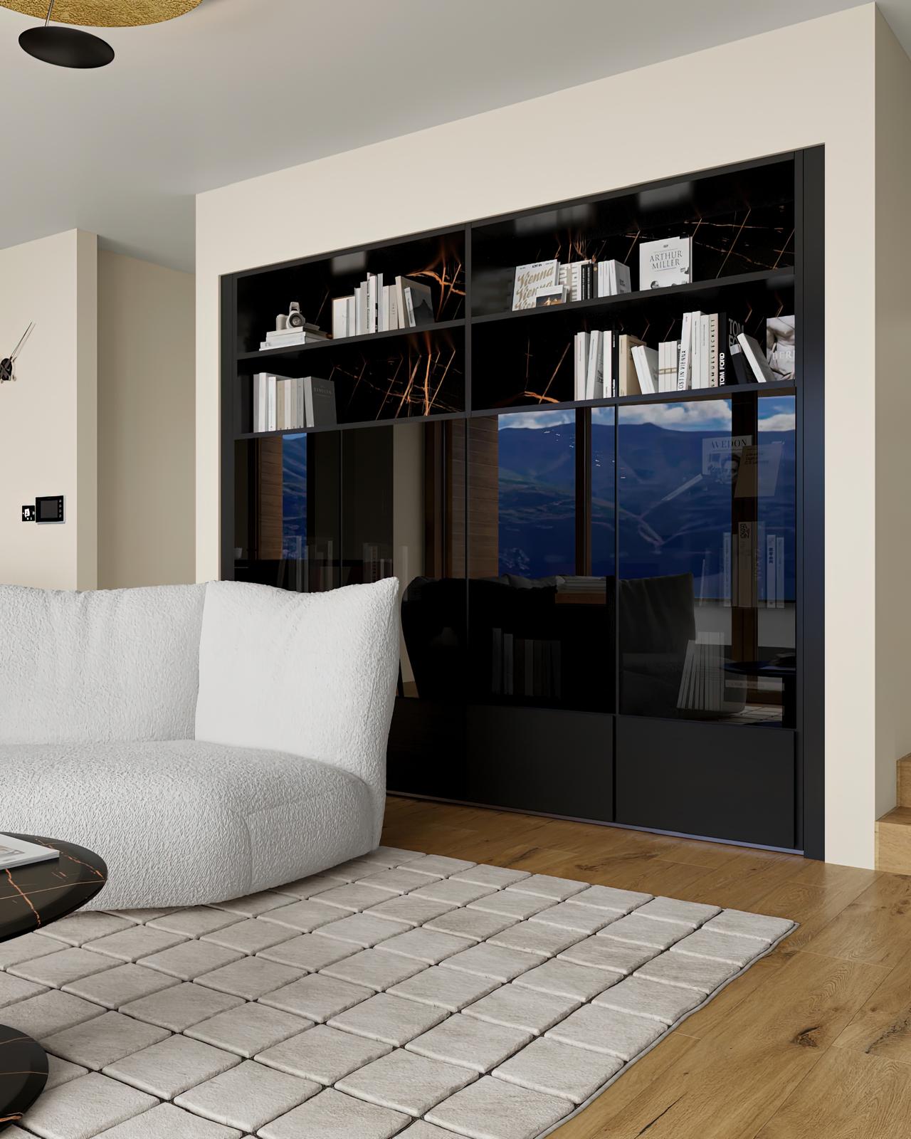 Bookcase in black with smoked glass doors