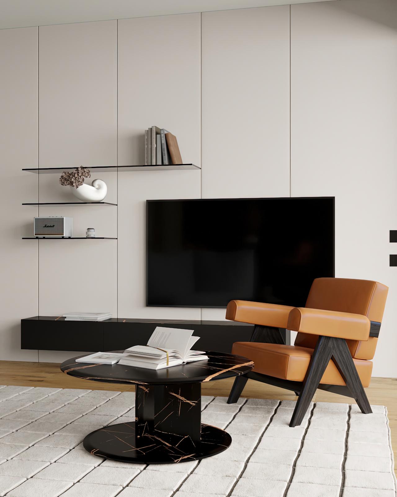 Television wall with leather armchair