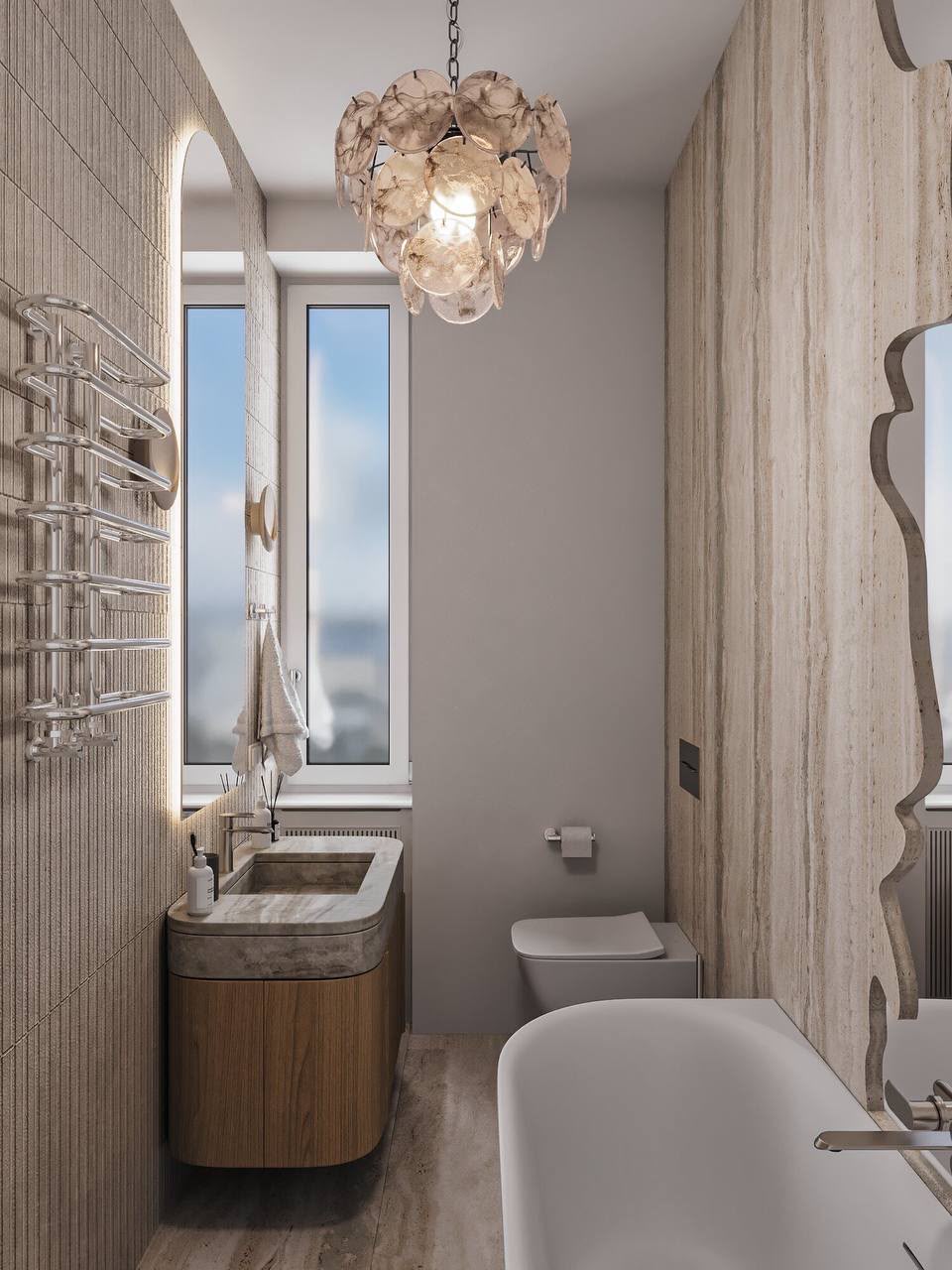 Washbasin and towel rail by the window