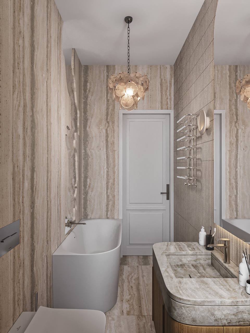 Bathroom in travertine, under a chandelier of glass petals