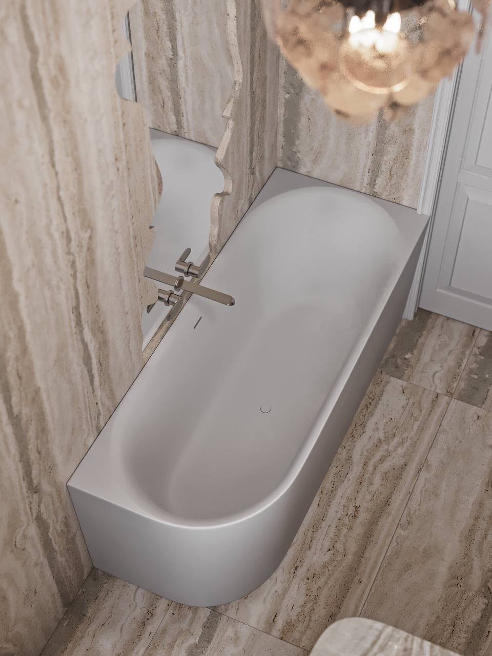 Freestanding bath against the travertine wall