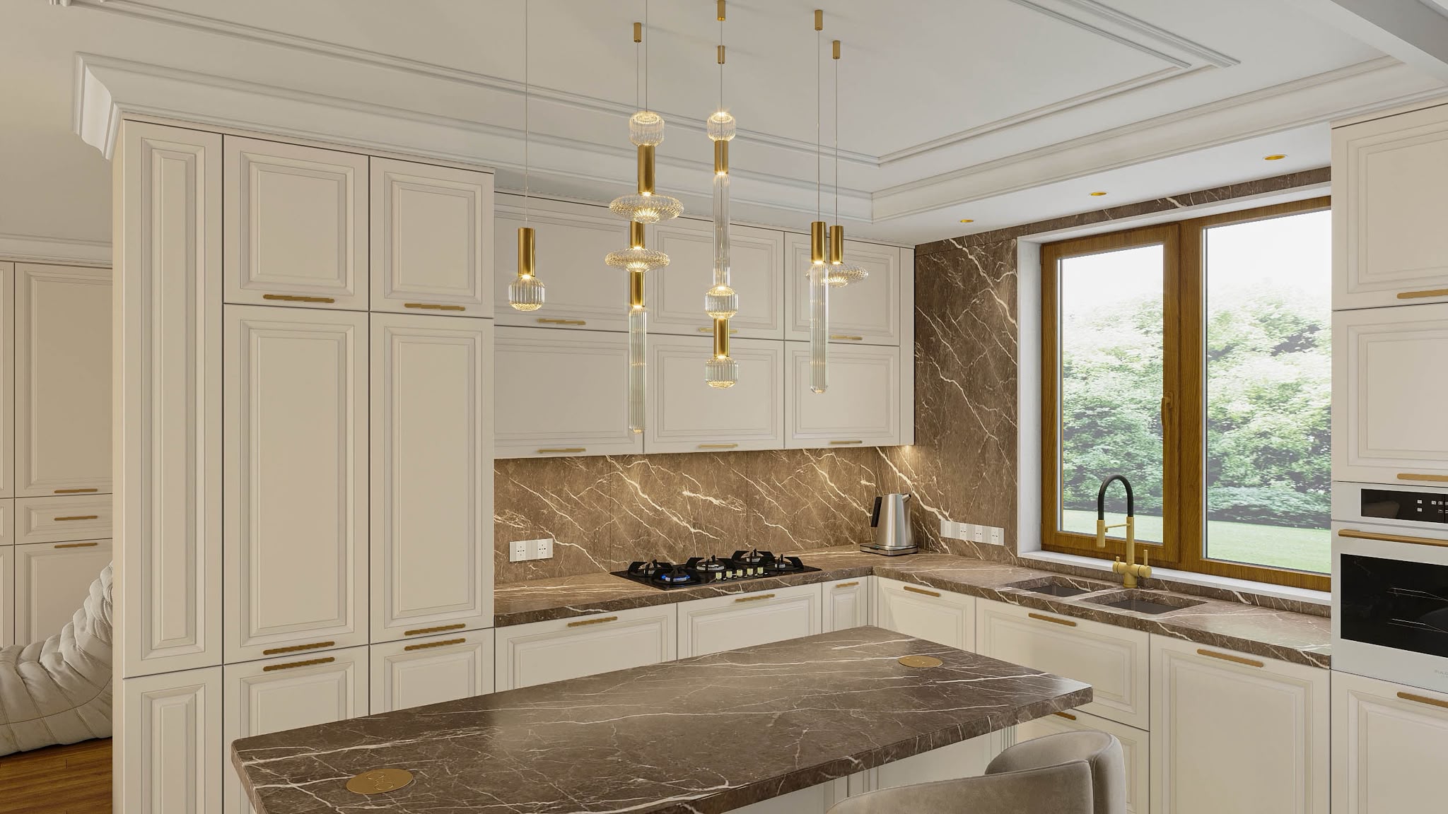 Tall units, a marble splashback and slender brass pendants