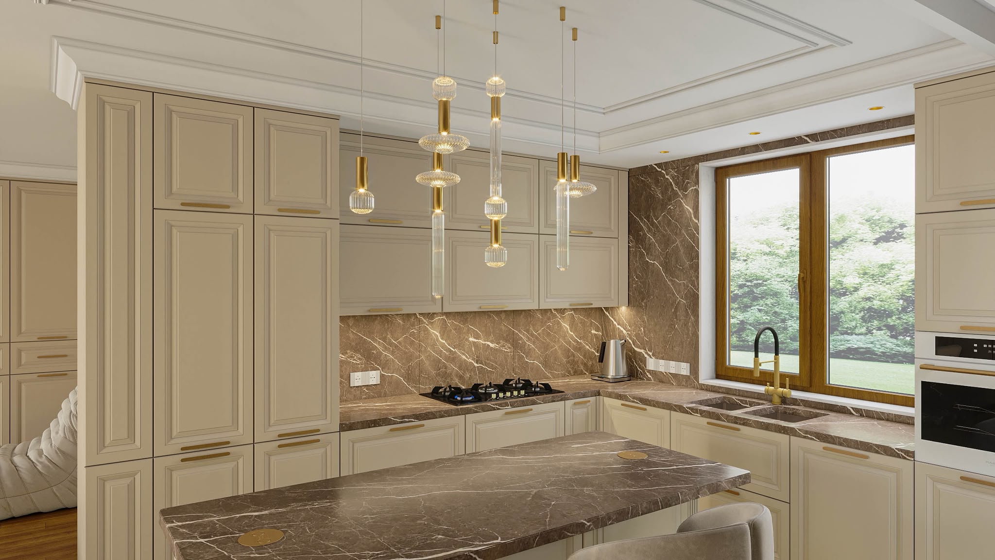 Kitchen in cream lacquer with a brown marble island