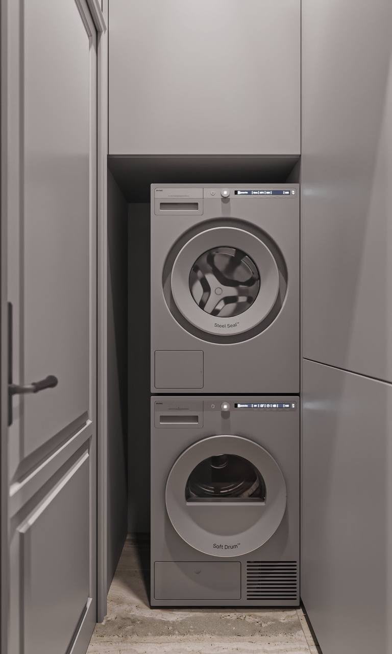 Washer and dryer, hidden in a cabinet in the corridor