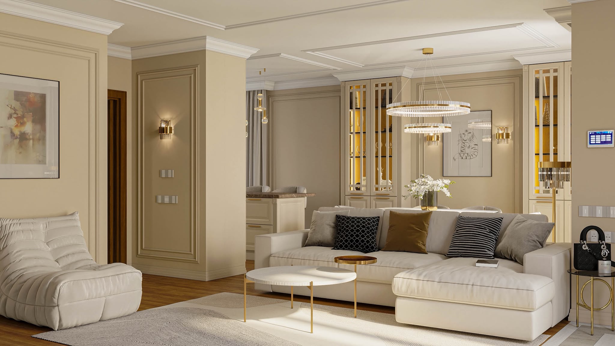 Living room in warm sand tones: panelled walls, a deep sofa and brass wall lights