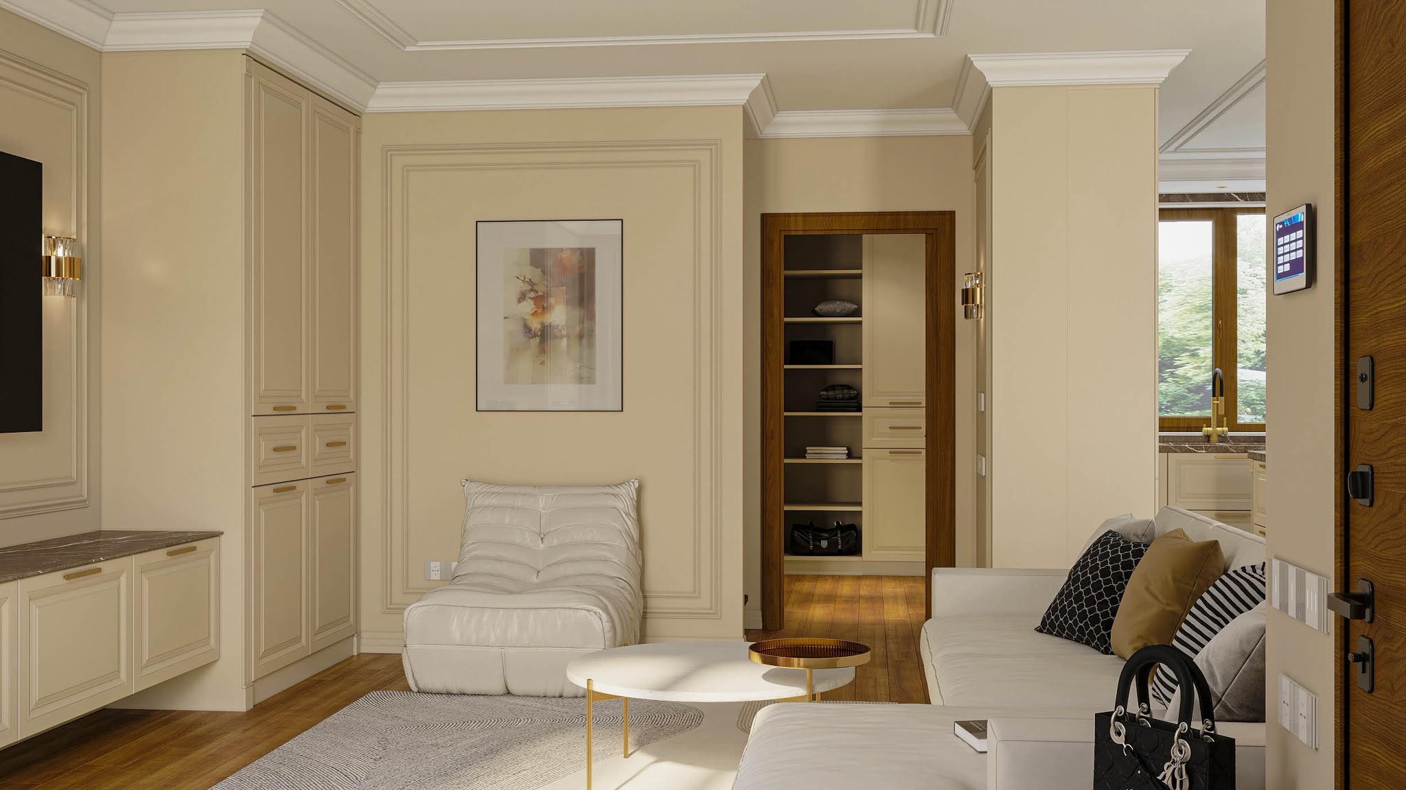 A reading corner by the entrance, the dressing room beyond