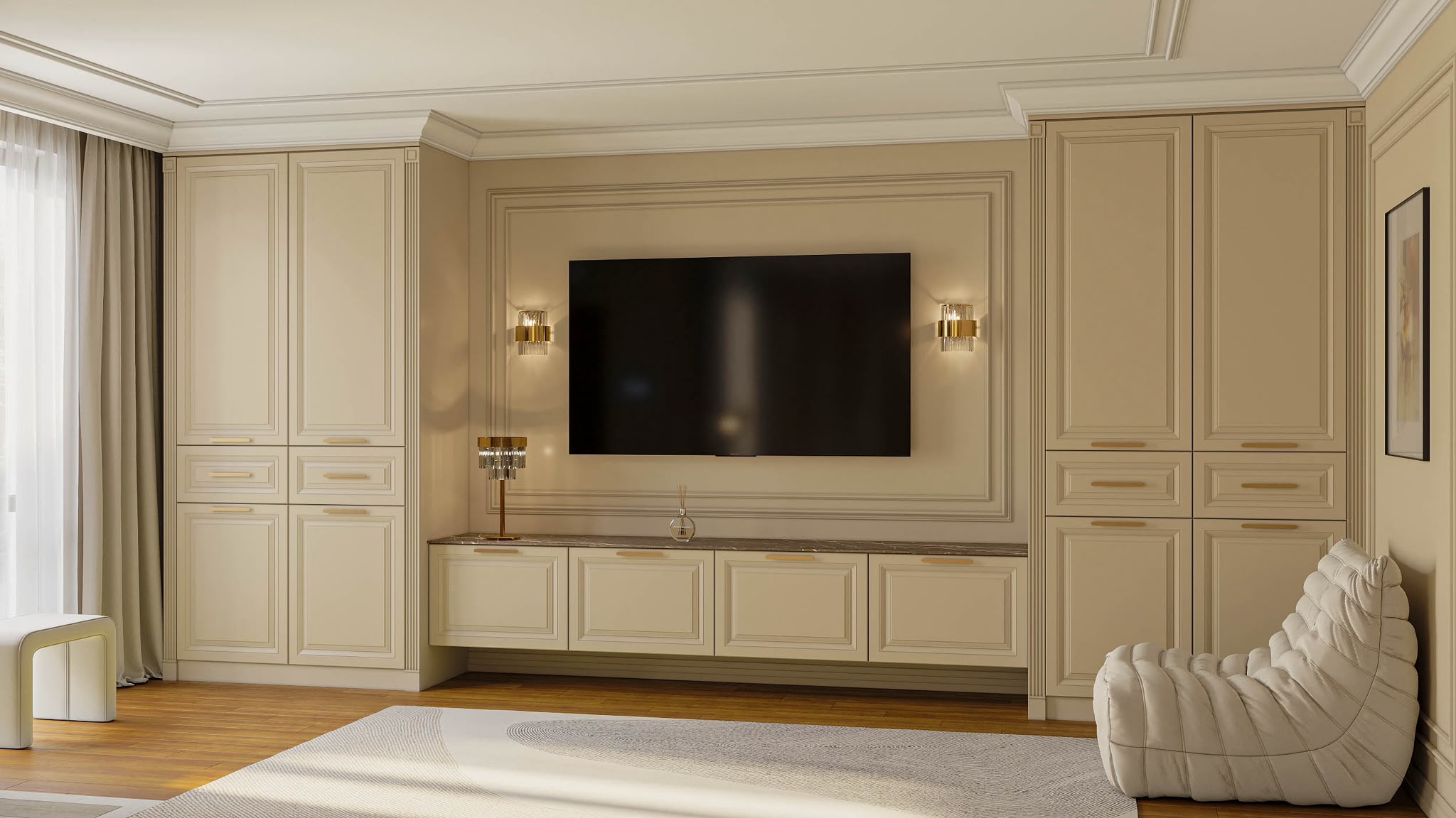 Media wall between two tall cabinets