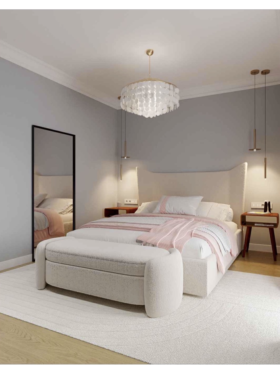 Apartment 1 · Upholstered bed and bench in pale linen