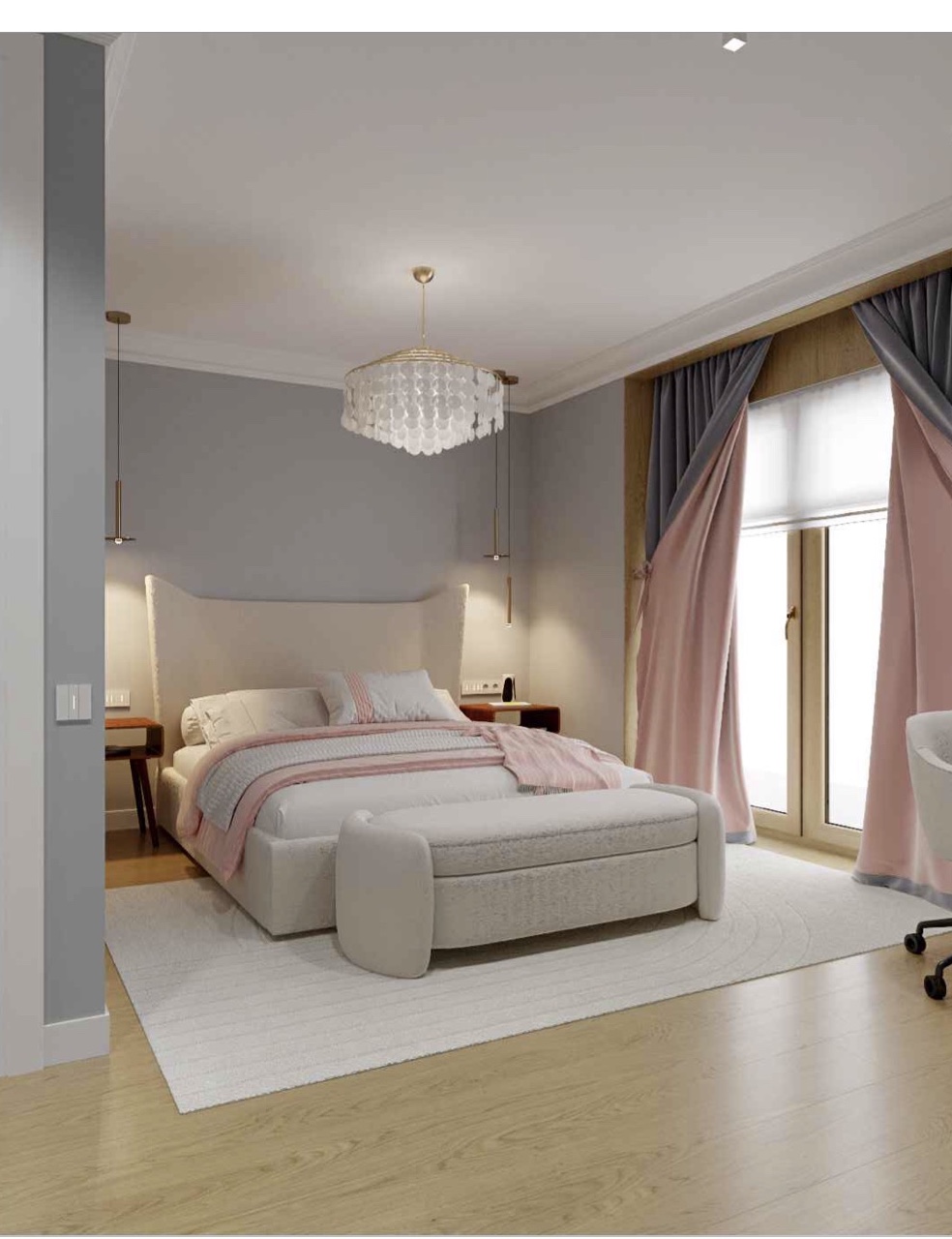 Apartment 1 · Bedroom with pink curtains and a crystal pendant