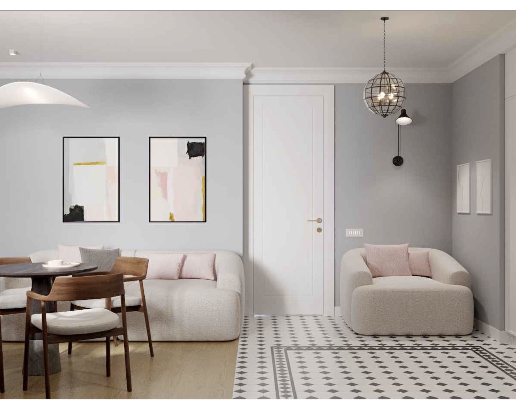 Apartment 1 · Living and dining under globe lantern pendants