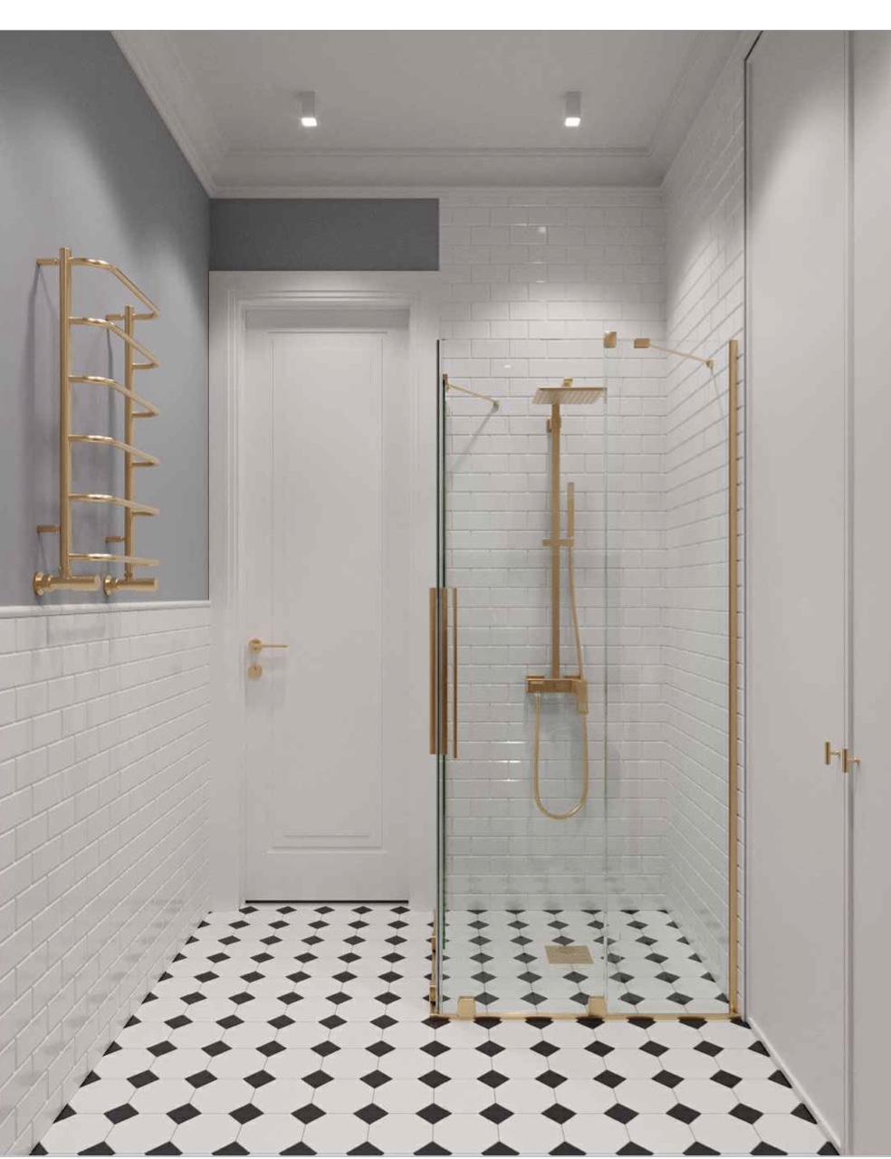 Apartment 1 · Walk-in shower, brass fittings, chequerboard floor
