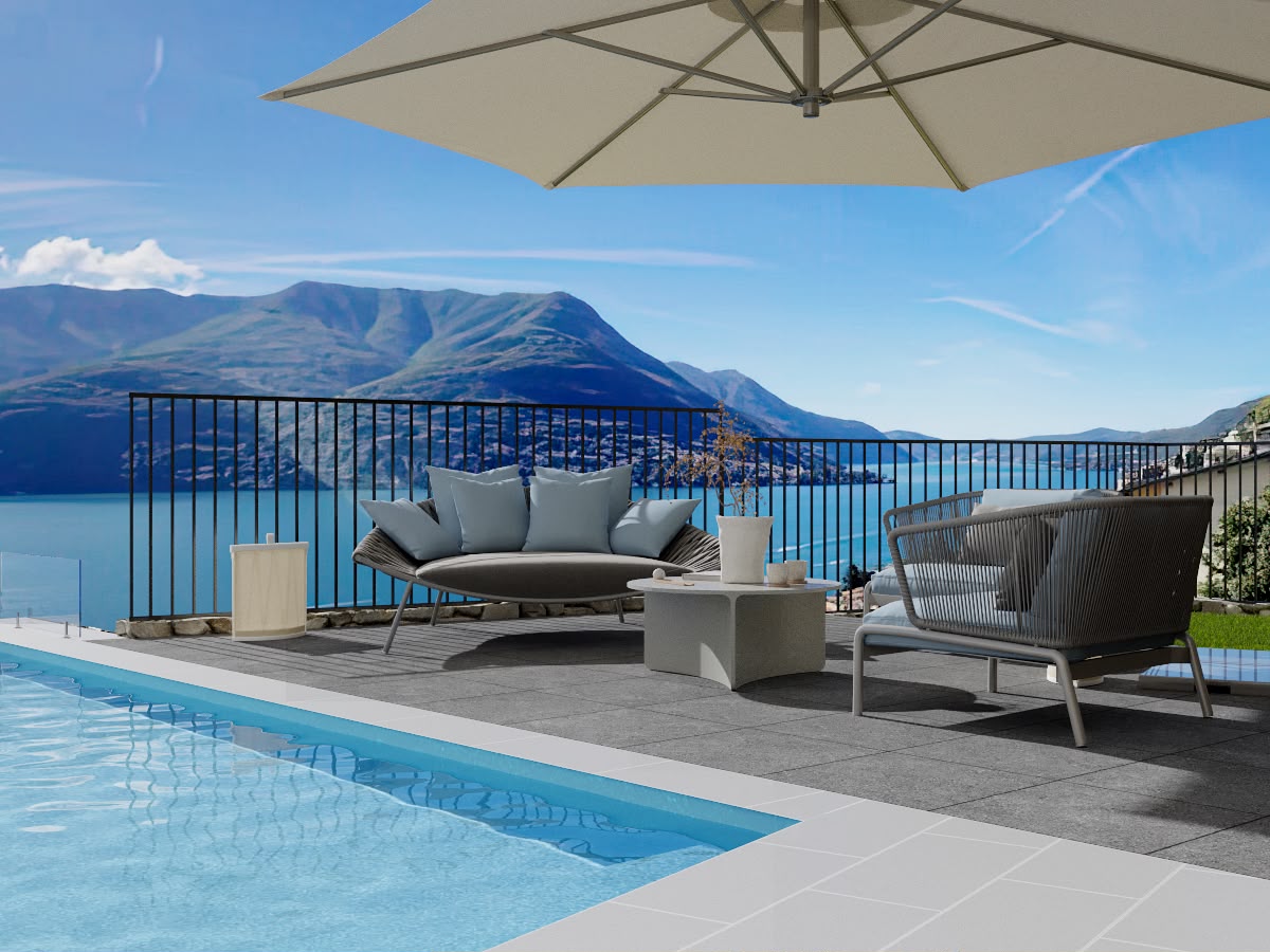 The pool terrace, open to the lake and the mountains