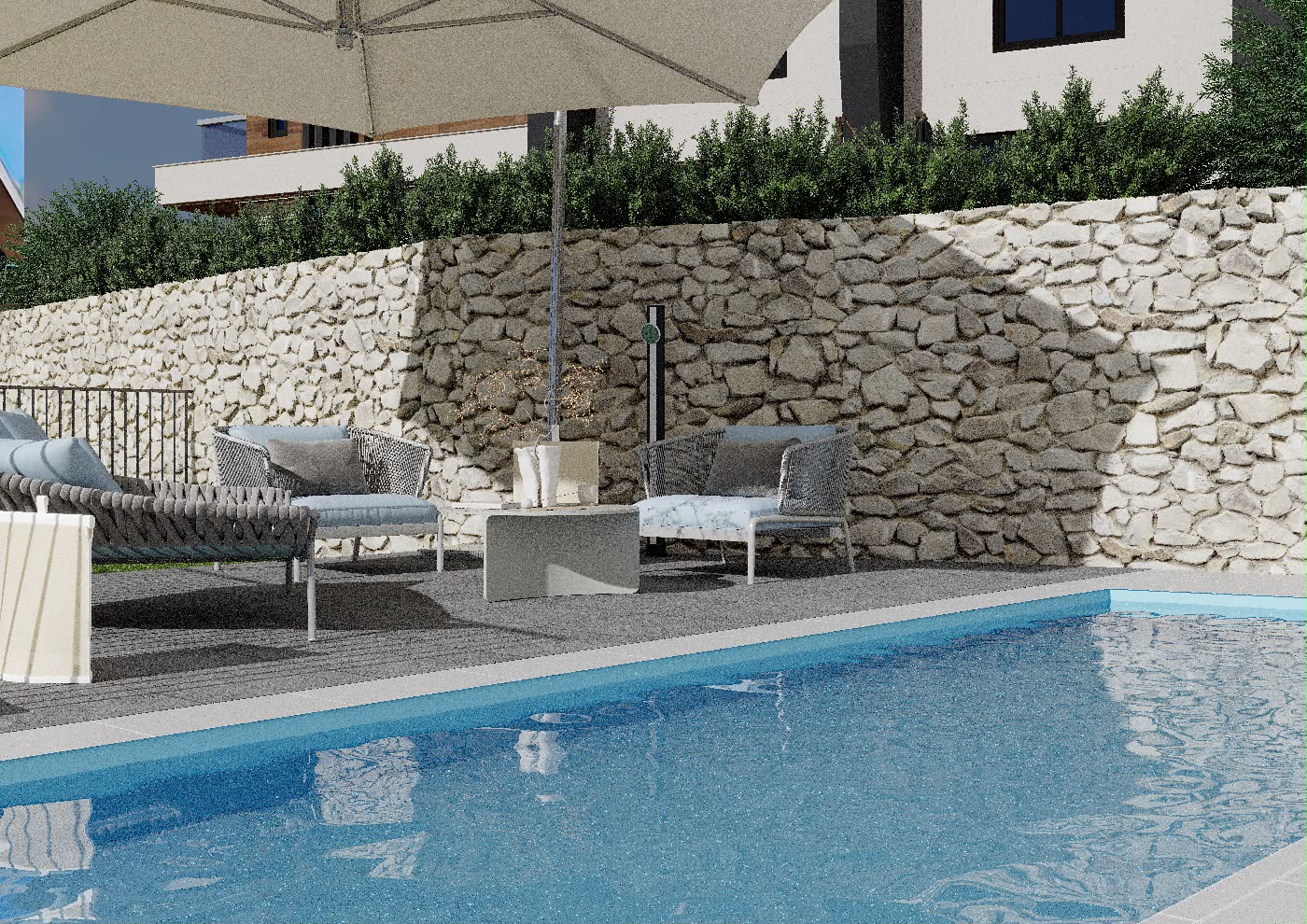 The terrace against the dry-stone retaining wall