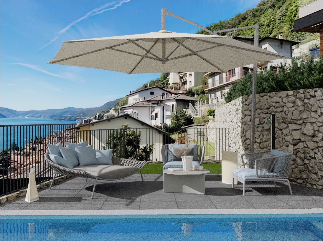 Outdoor lounge under a cantilever umbrella, above the village