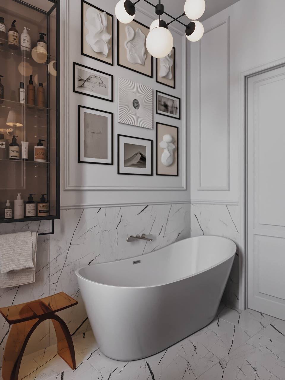 Open shelves in black metal above the tub