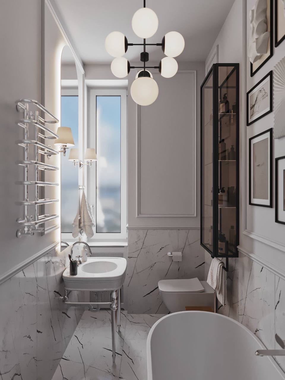 Bathroom in white marble with a freestanding tub