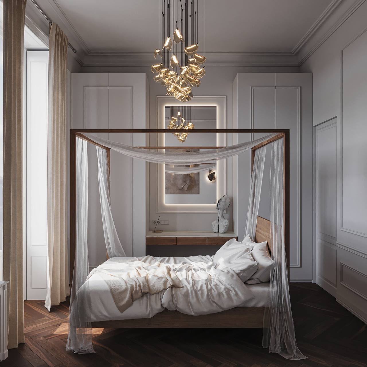 Canopy bed in a tall-ceilinged bedroom