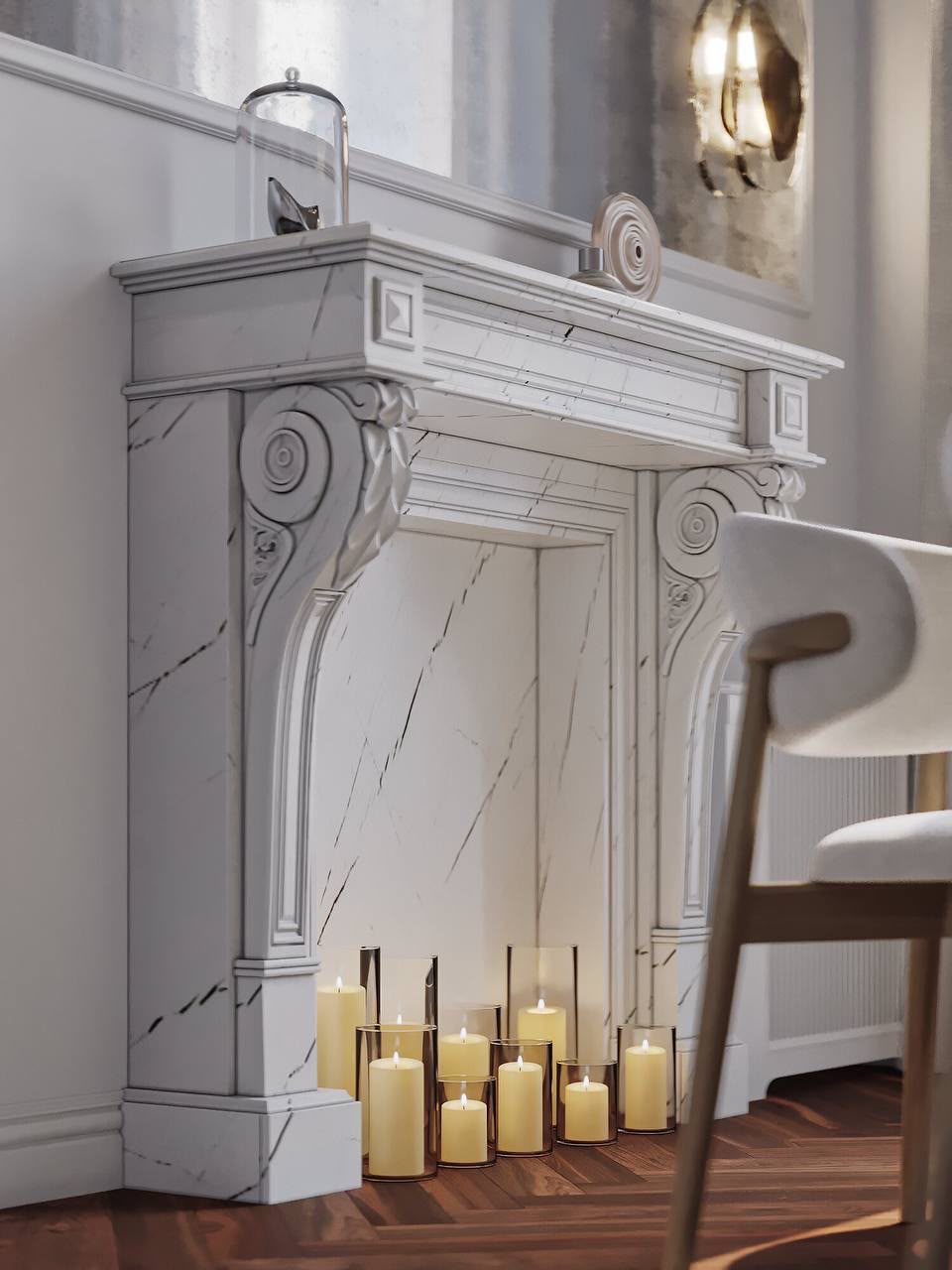 The original marble fireplace, kept and lit with candles