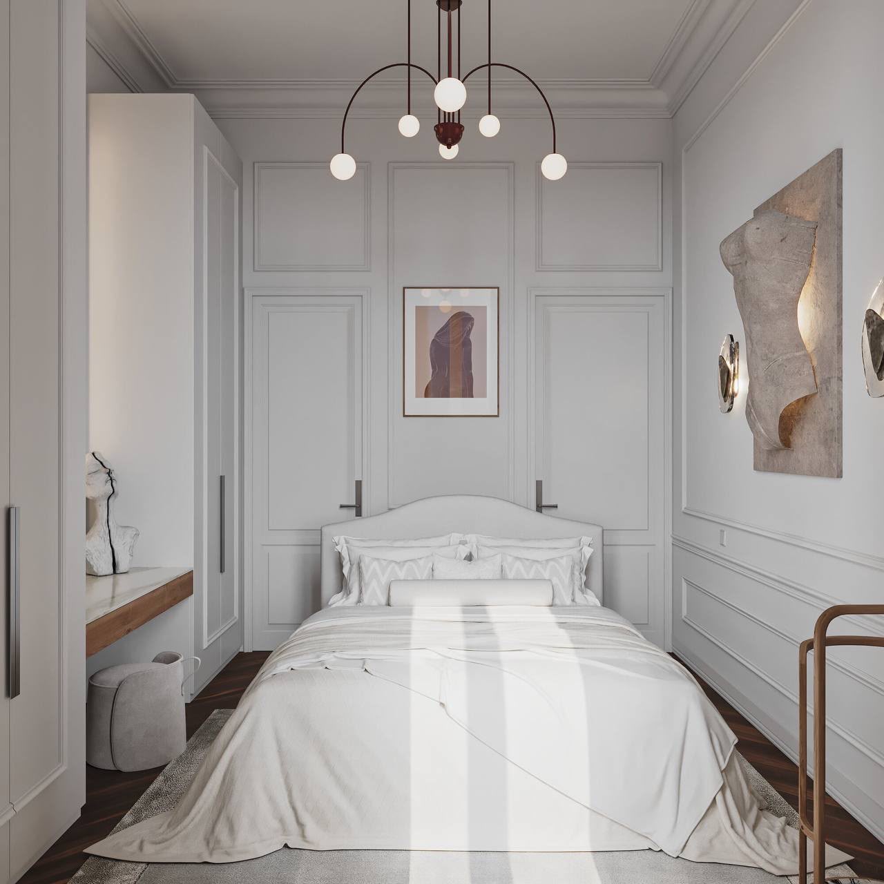 Guest bedroom in white panelling