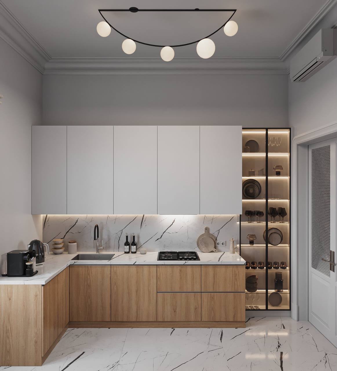 White wall units, oak base units and a lit glass pantry