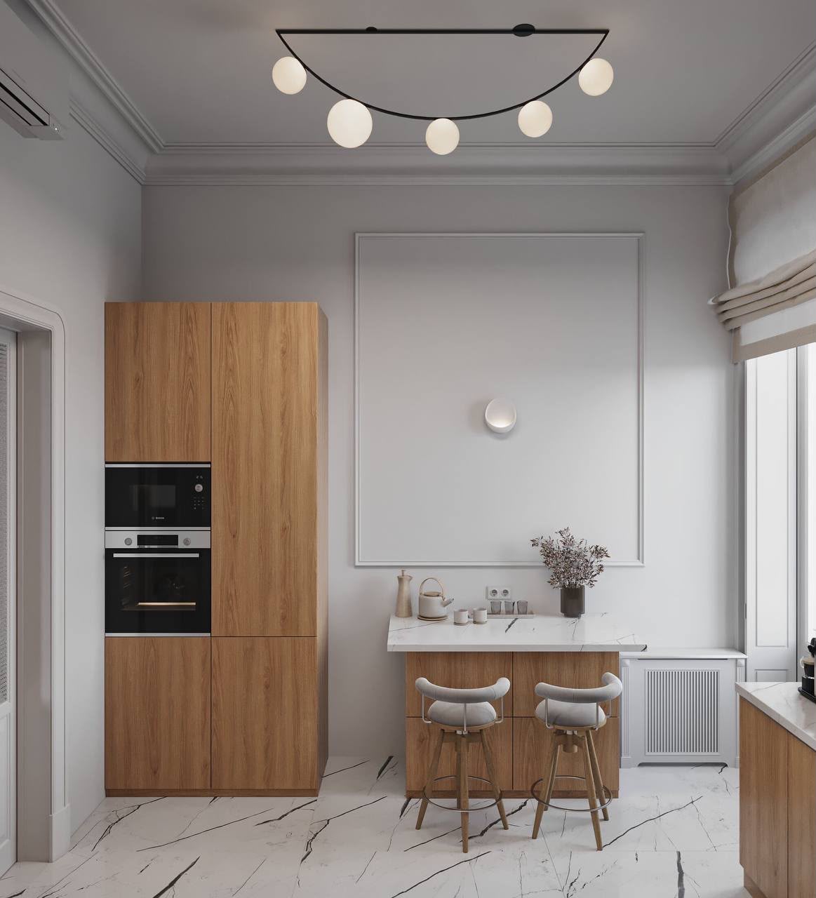 Oak tall units and an arc of globe lights