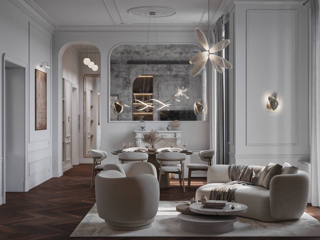 Living and dining run through one long room on a herringbone floor