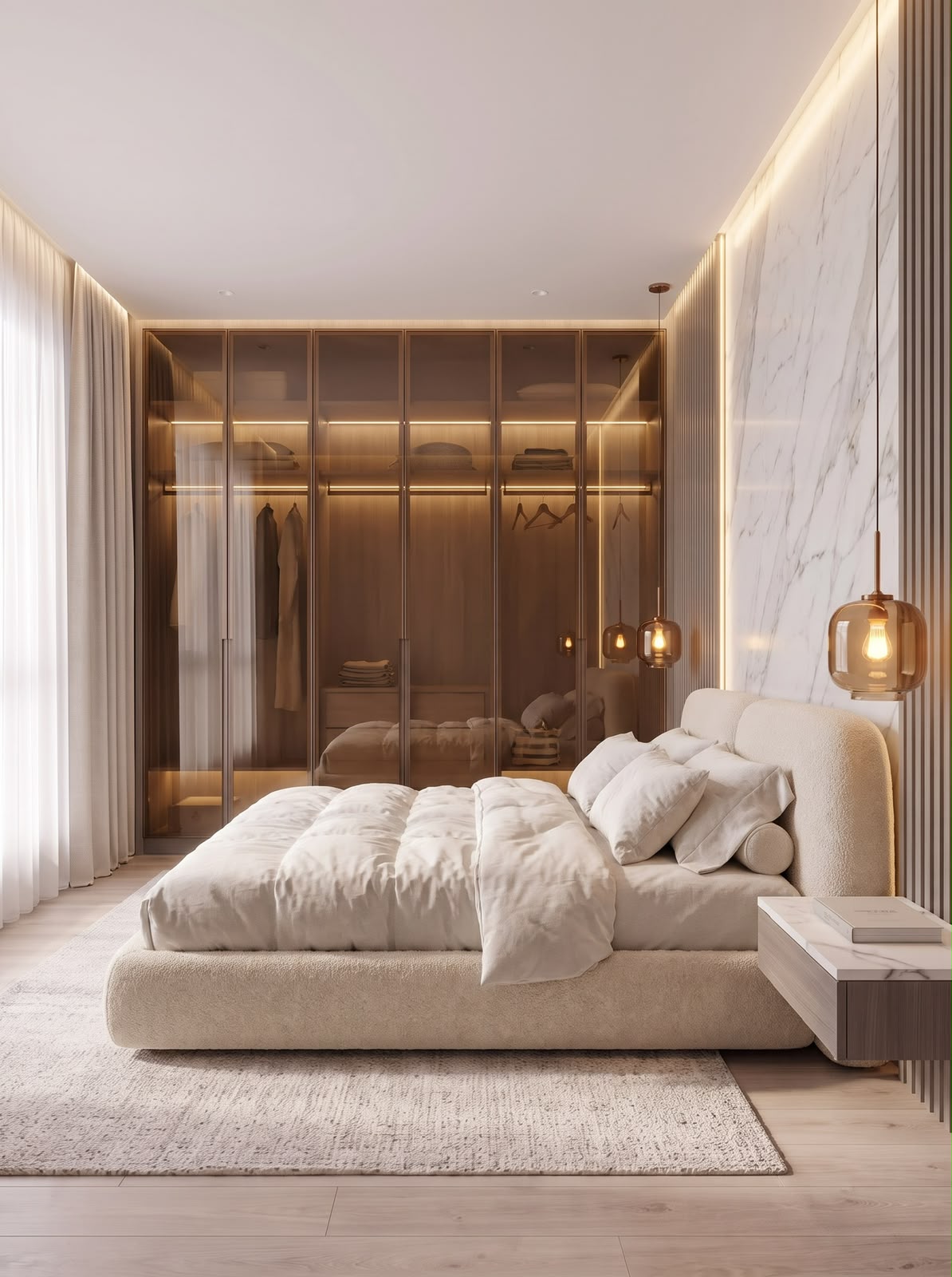 Main bedroom: an upholstered bed, a marble wall and the dressing room behind smoked glass