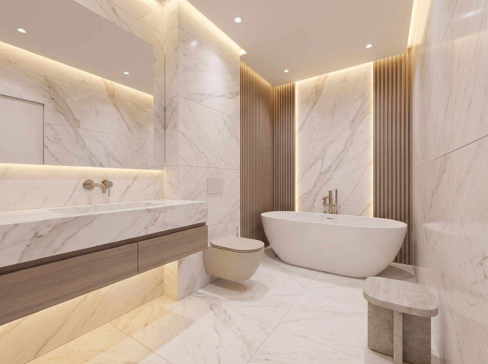 Bathroom in white marble and oak slats, with a freestanding bath