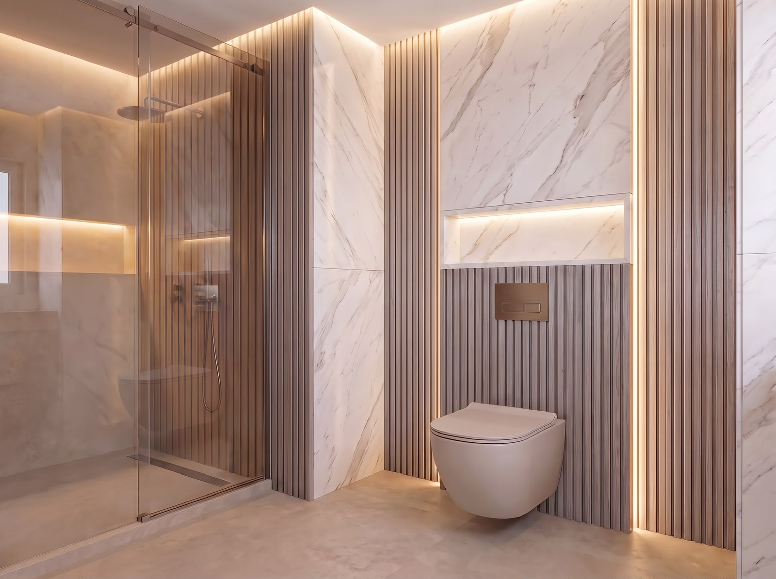Oak slats and a lit niche frame the wall-hung WC