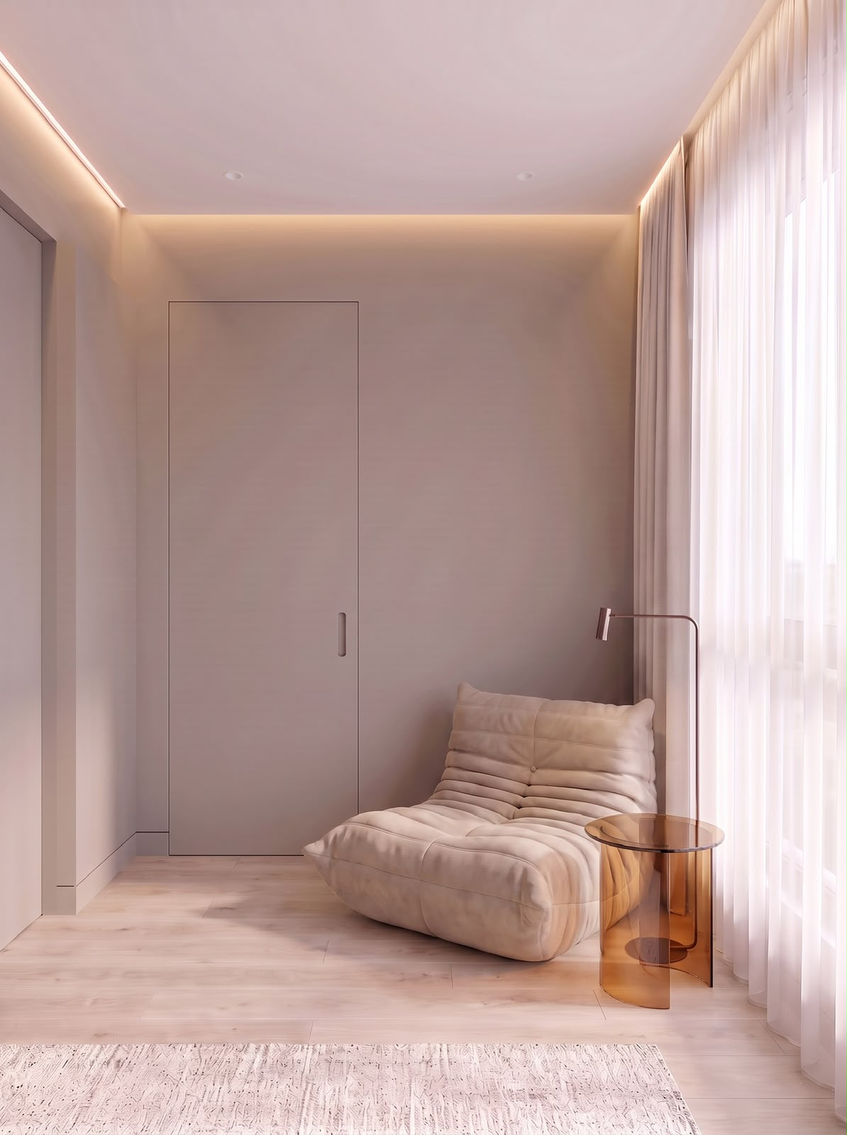 A reading corner by the window, with a low lounge chair and an amber glass side table