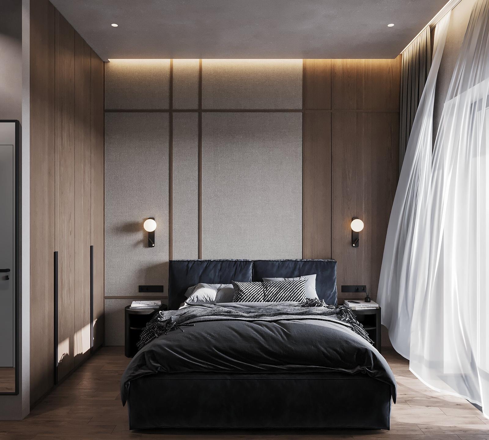 Main bedroom: oak panelling, a navy bed and a sheer curtain