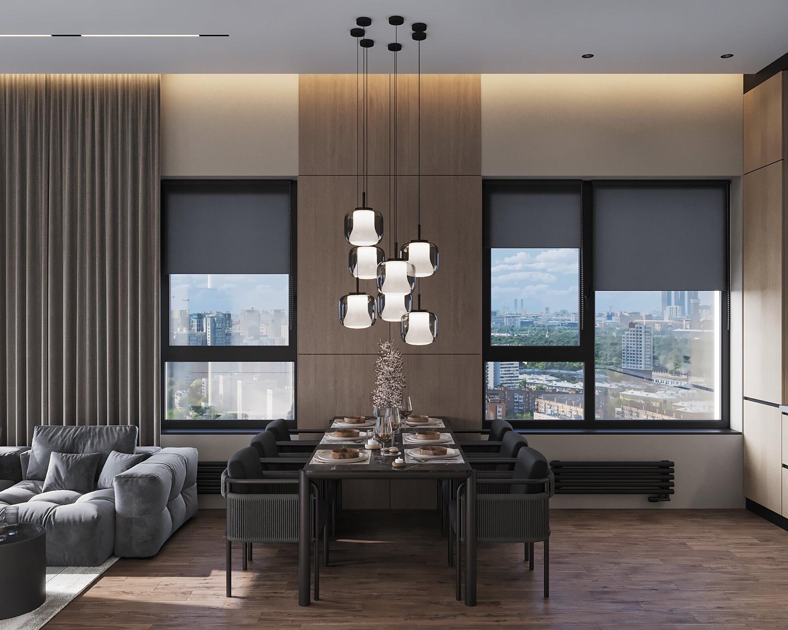 Dining table under a cluster of white pendant lights