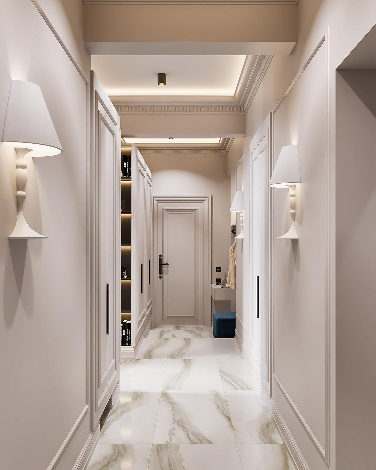 The hallway: marble floor, wall lights and built-in storage