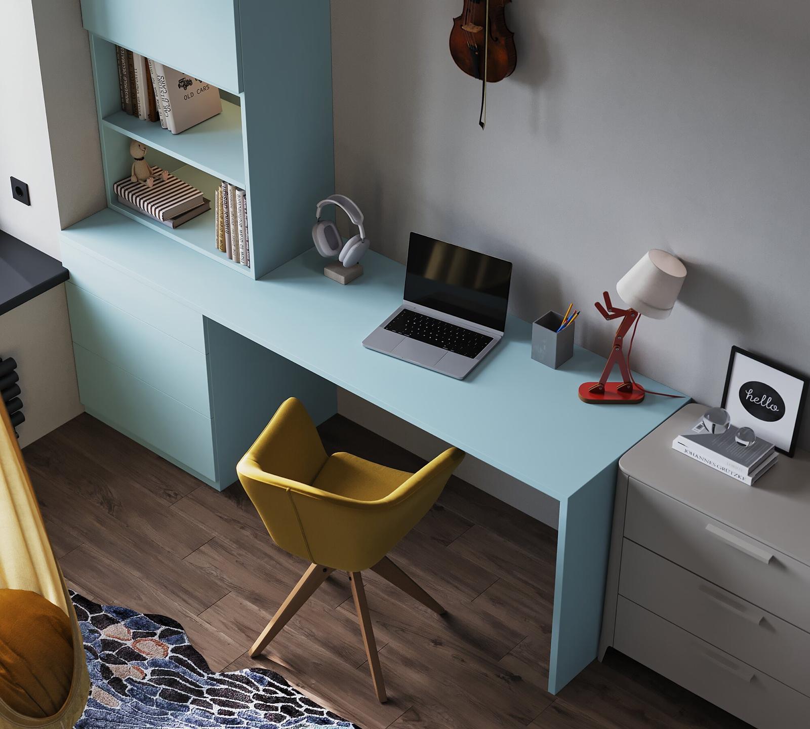 The study corner: a pale blue desk and a yellow chair