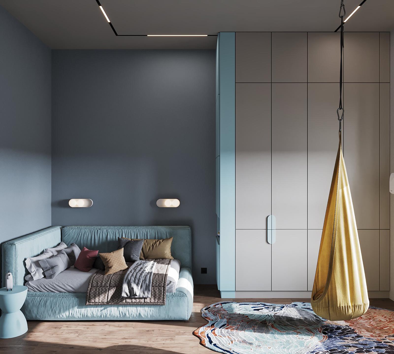 A sofa bed in blue velvet