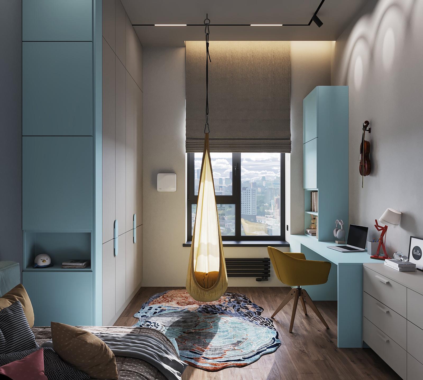 Child’s room in pale blue, with a hanging chair in yellow