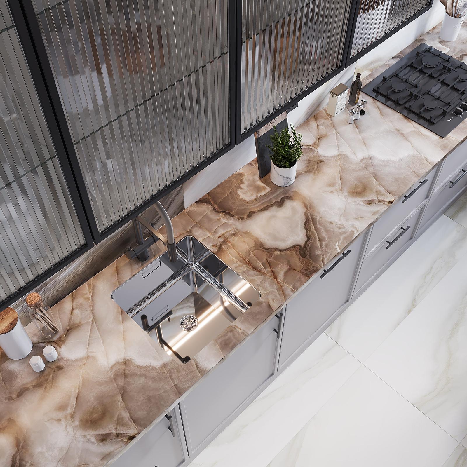 The onyx worktop, veined in amber and white