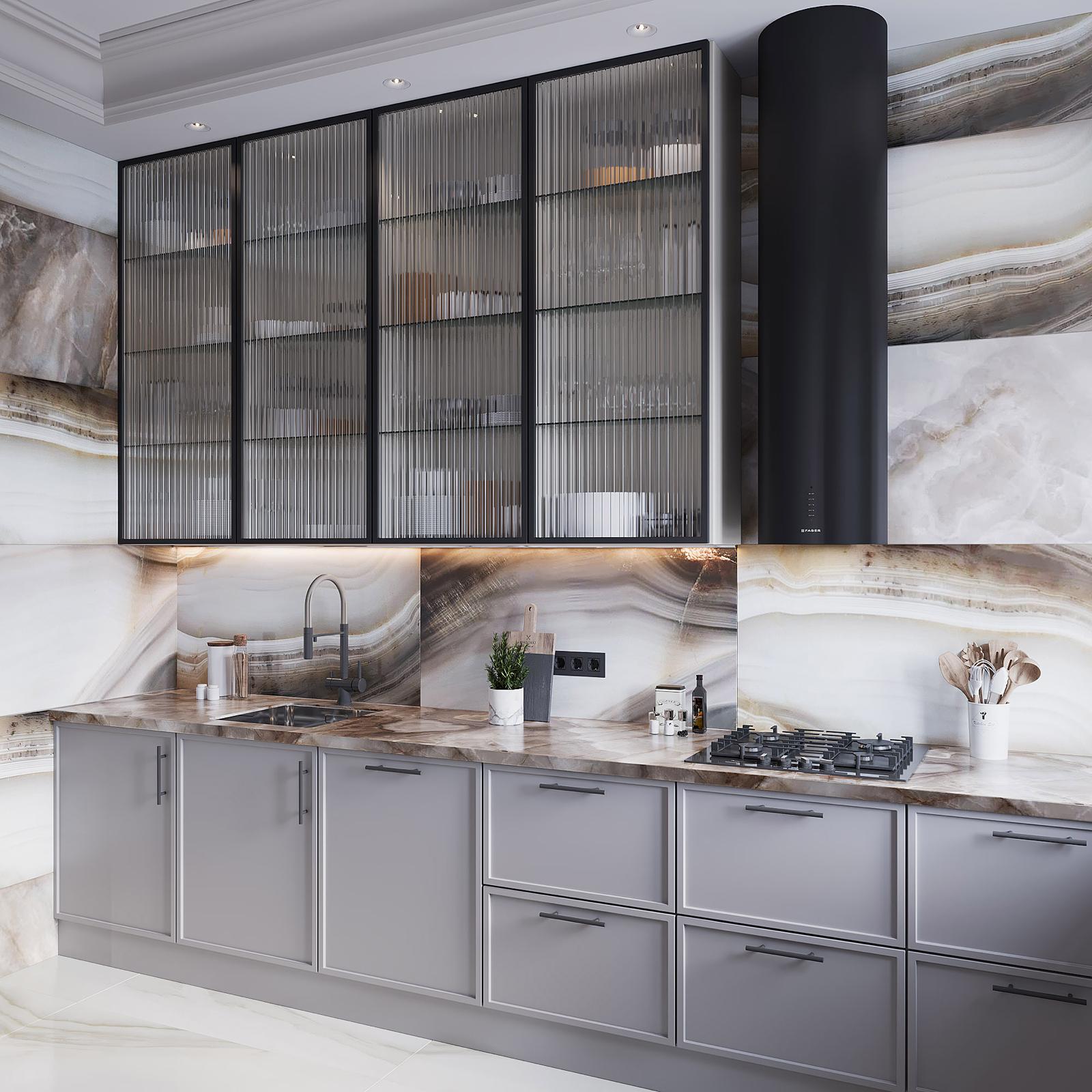 Kitchen in grey with fluted glass cabinets and an onyx splashback